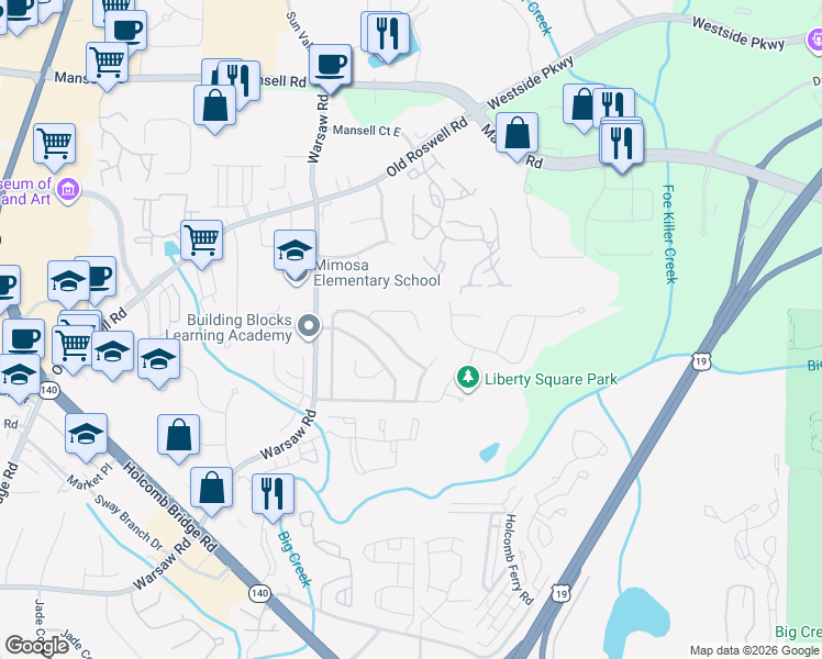 map of restaurants, bars, coffee shops, grocery stores, and more near 215 Worthington Hills Trace in Roswell