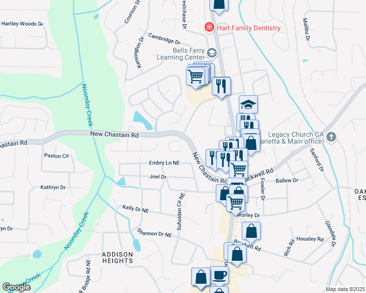 map of restaurants, bars, coffee shops, grocery stores, and more near 3306 Chastain Ridge Drive in Marietta