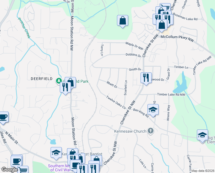 map of restaurants, bars, coffee shops, grocery stores, and more near 2008 Rhett Drive in Kennesaw