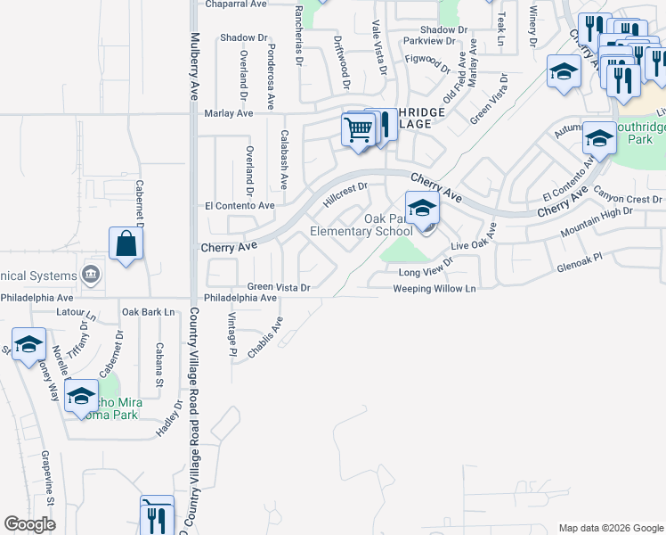 map of restaurants, bars, coffee shops, grocery stores, and more near 12010 Rancherias Drive in Fontana