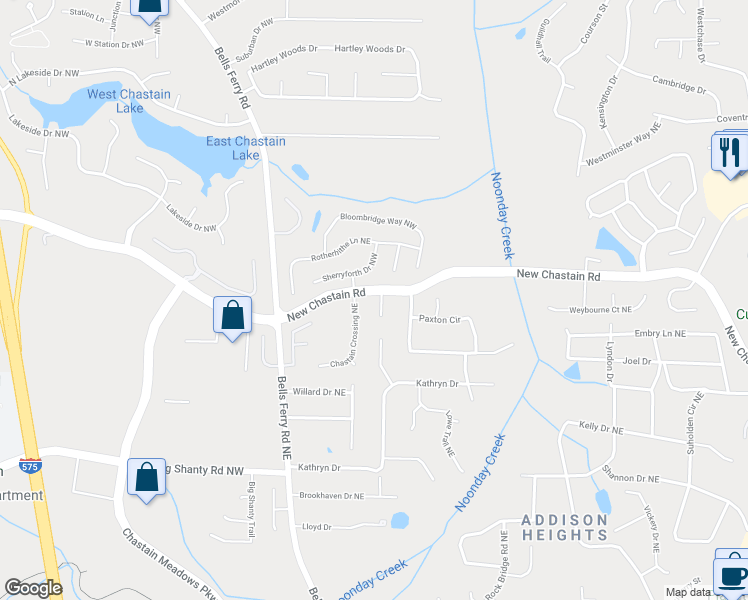 map of restaurants, bars, coffee shops, grocery stores, and more near 3419 Chastain Trce Northeast in Marietta