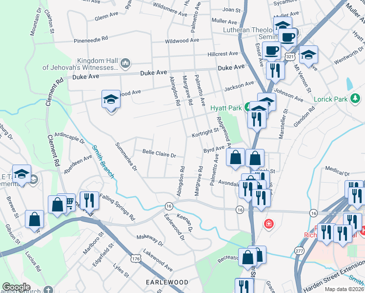 map of restaurants, bars, coffee shops, grocery stores, and more near 3527 Abingdon Road in Columbia