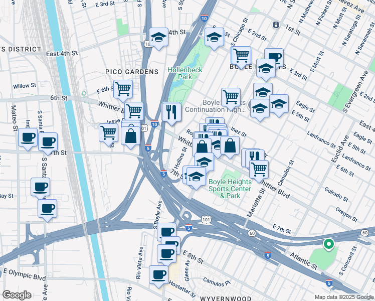 map of restaurants, bars, coffee shops, grocery stores, and more near 909 Hollins Street in Los Angeles