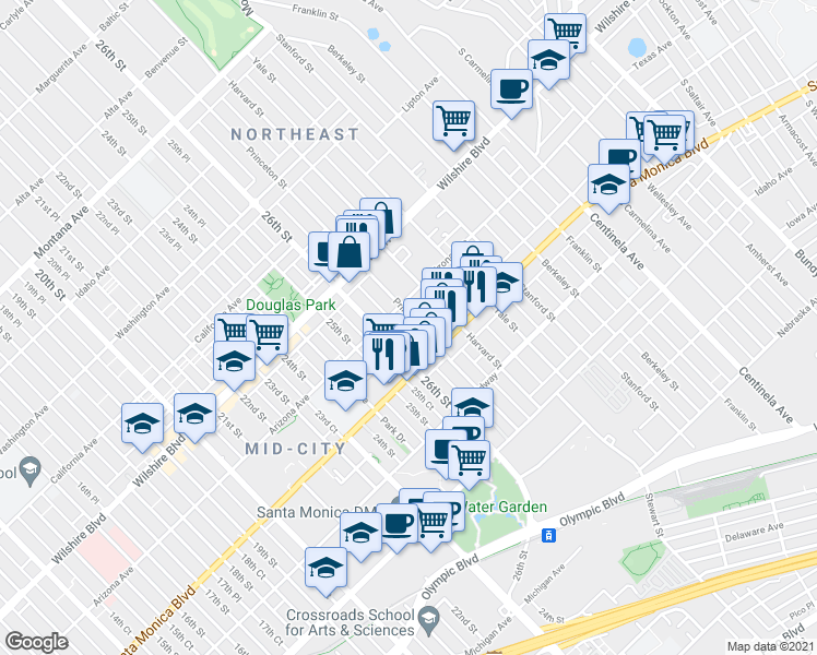 map of restaurants, bars, coffee shops, grocery stores, and more near 1321 Princeton Street in Santa Monica