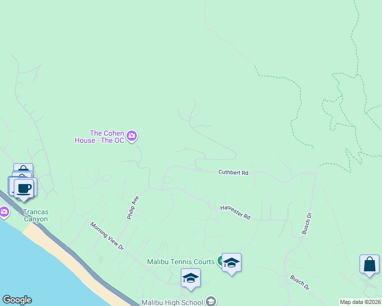 map of restaurants, bars, coffee shops, grocery stores, and more near 30044 Andromeda Lane in Malibu