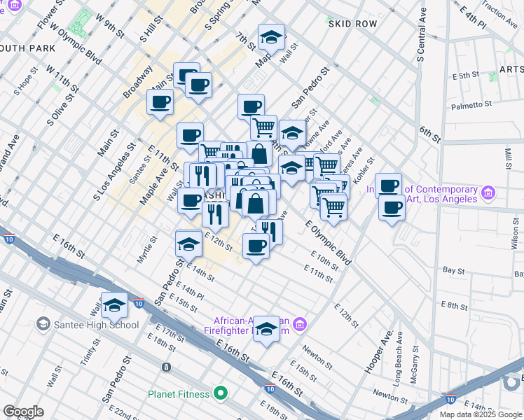 map of restaurants, bars, coffee shops, grocery stores, and more near 929 Towne Avenue in Los Angeles