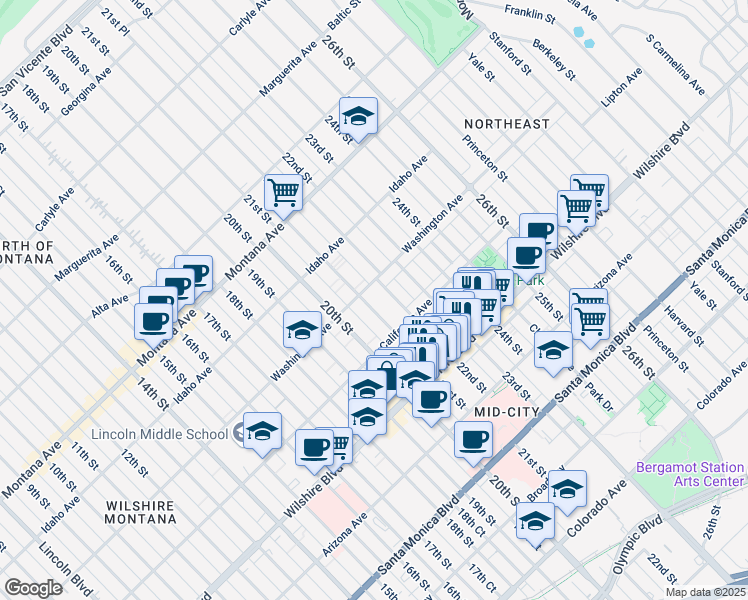 map of restaurants, bars, coffee shops, grocery stores, and more near 2112 Washington Avenue in Santa Monica