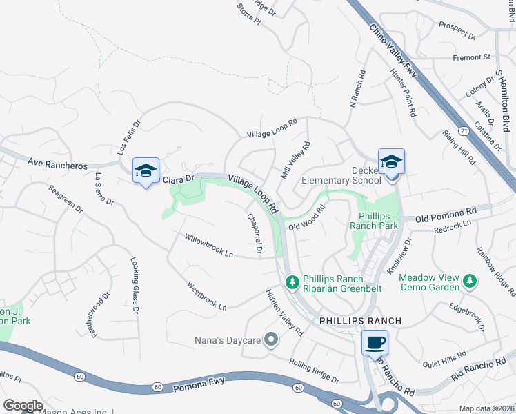 map of restaurants, bars, coffee shops, grocery stores, and more near 37 Silverwood Lane in Pomona