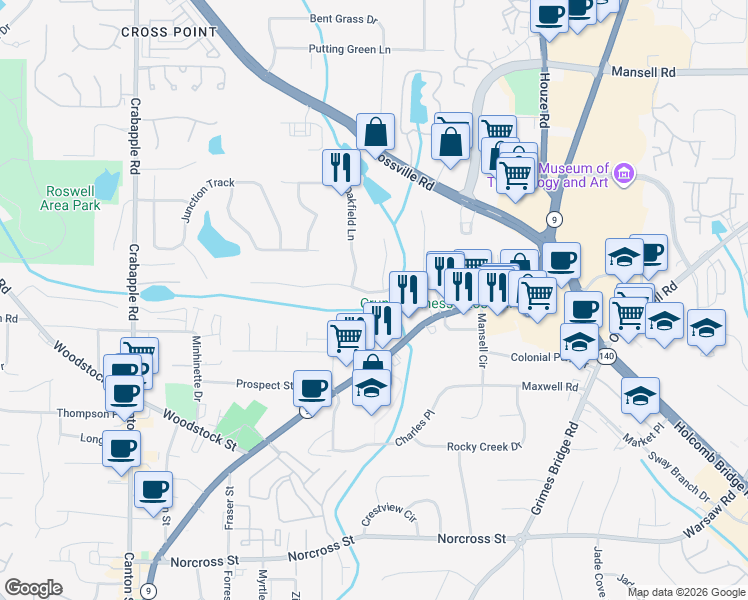map of restaurants, bars, coffee shops, grocery stores, and more near 325 Alpine Drive in Roswell