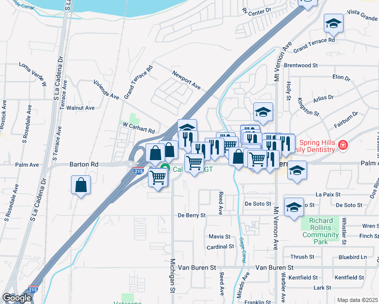 map of restaurants, bars, coffee shops, grocery stores, and more near 12030 Vivienda Avenue in Grand Terrace