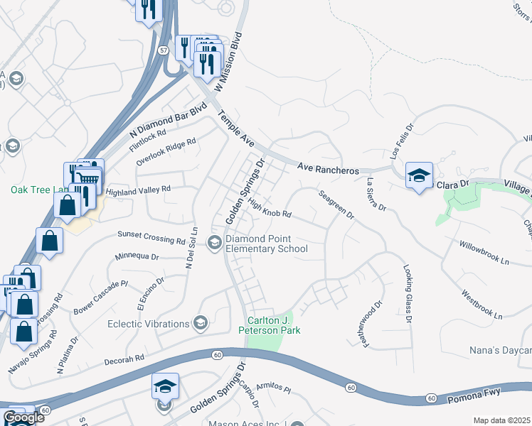 map of restaurants, bars, coffee shops, grocery stores, and more near 24161 High Knob Road in Diamond Bar