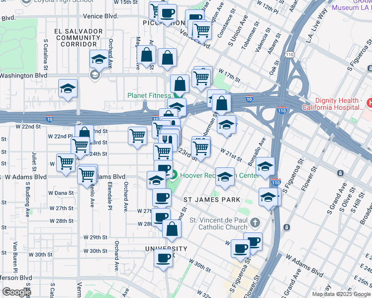 map of restaurants, bars, coffee shops, grocery stores, and more near 1025 West 23rd Street in Los Angeles