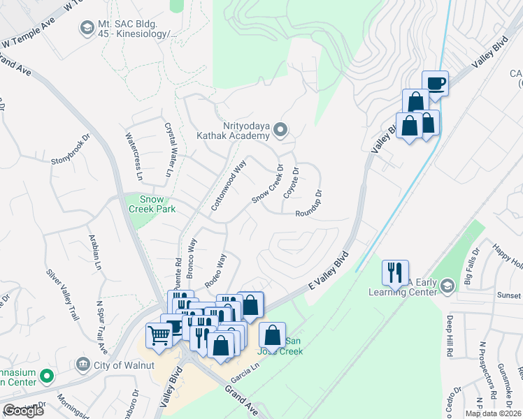 map of restaurants, bars, coffee shops, grocery stores, and more near 22016 Roundup Drive in Walnut