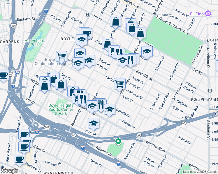 map of restaurants, bars, coffee shops, grocery stores, and more near 2819 1/2 East 6th Street in Los Angeles