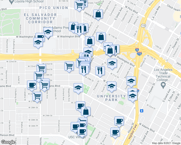 map of restaurants, bars, coffee shops, grocery stores, and more near 1039 W 23rd St in Los Angeles