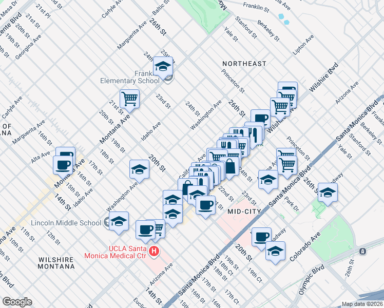 map of restaurants, bars, coffee shops, grocery stores, and more near 1043 22nd Street in Santa Monica