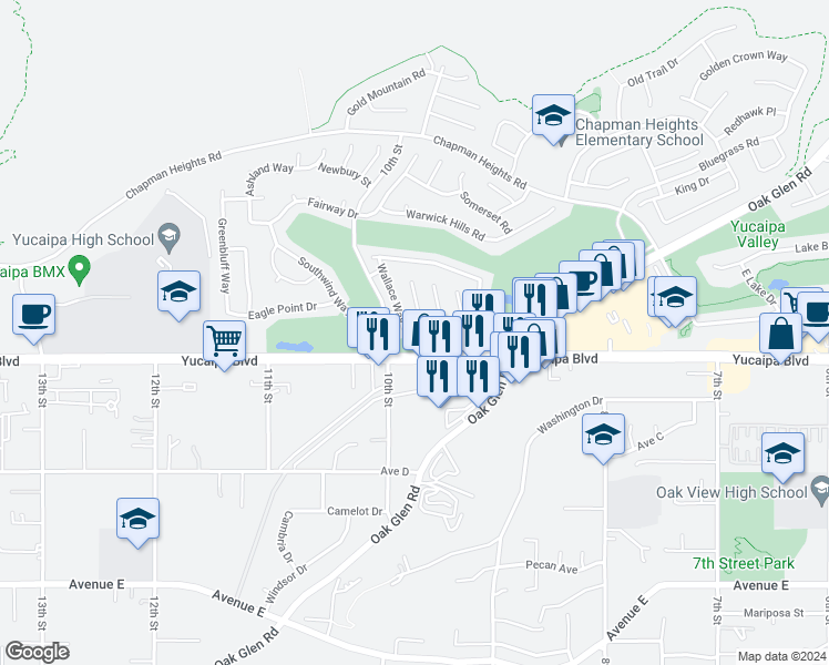 map of restaurants, bars, coffee shops, grocery stores, and more near 33339 Wallace Way in Yucaipa