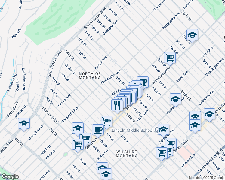 map of restaurants, bars, coffee shops, grocery stores, and more near 548 15th Street in Santa Monica