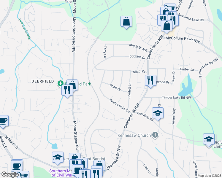 map of restaurants, bars, coffee shops, grocery stores, and more near 2008 Rhett Drive in Kennesaw