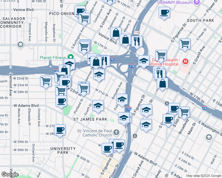 map of restaurants, bars, coffee shops, grocery stores, and more near 1934 Park Grove Avenue in Los Angeles