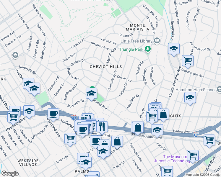 map of restaurants, bars, coffee shops, grocery stores, and more near 3108 Queensbury Drive in Los Angeles