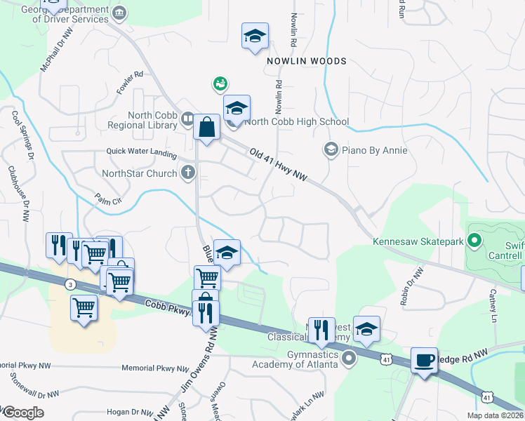 map of restaurants, bars, coffee shops, grocery stores, and more near 2935 Albright Commons in Kennesaw