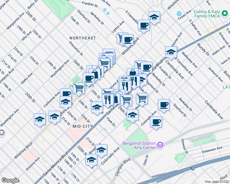 map of restaurants, bars, coffee shops, grocery stores, and more near 1320 Princeton Street in Santa Monica