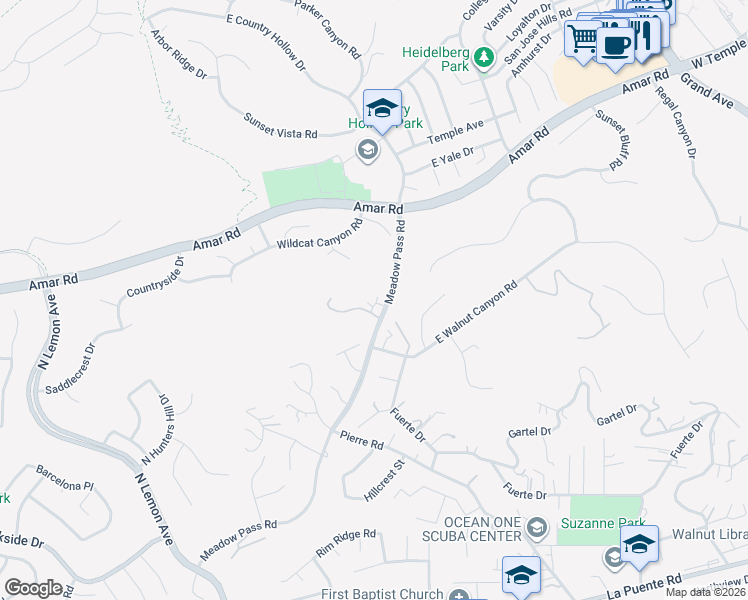 map of restaurants, bars, coffee shops, grocery stores, and more near 1003 Meadow Pass Road in Walnut