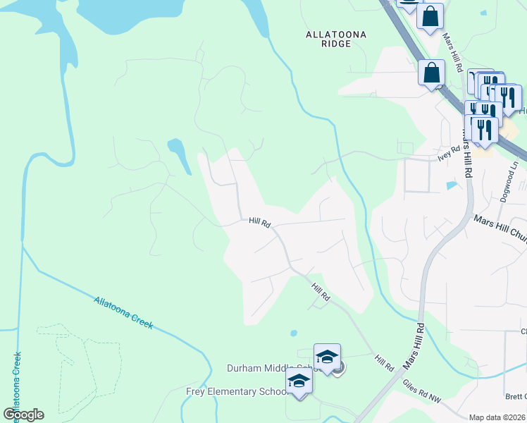 map of restaurants, bars, coffee shops, grocery stores, and more near 5300 Hill Road in Acworth