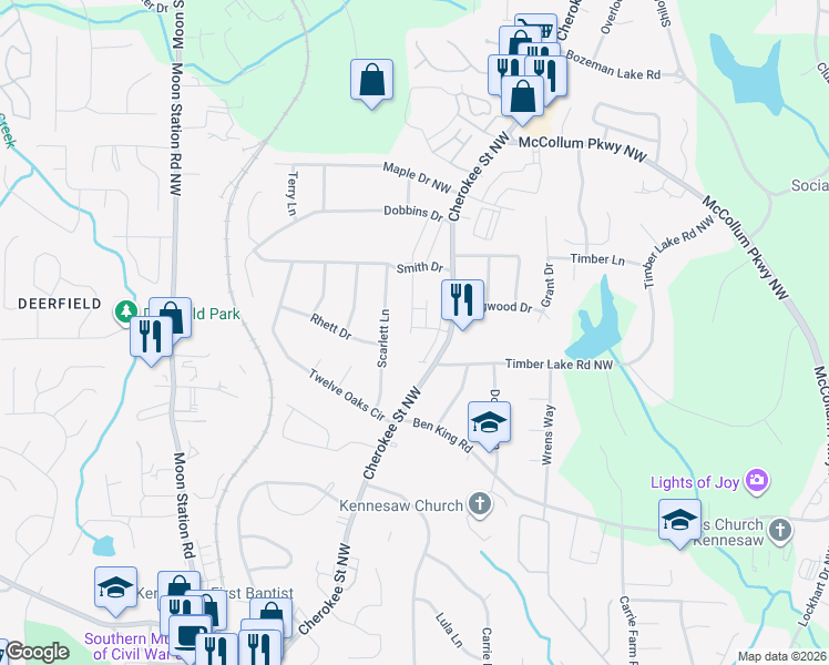 map of restaurants, bars, coffee shops, grocery stores, and more near 4004 Scarlett Lane in Kennesaw