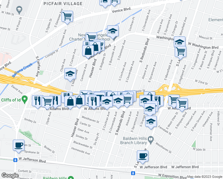 map of restaurants, bars, coffee shops, grocery stores, and more near 2428 South Dunsmuir Avenue in Los Angeles