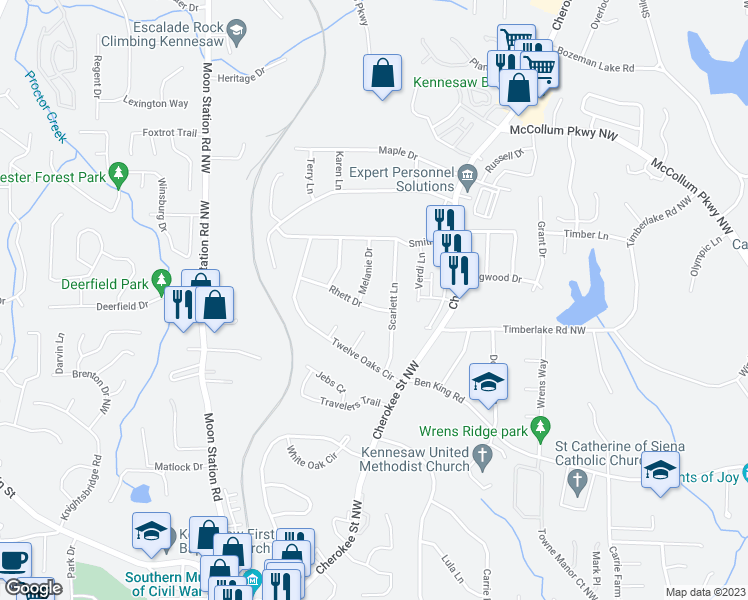 map of restaurants, bars, coffee shops, grocery stores, and more near 1005 Rhett Drive in Kennesaw