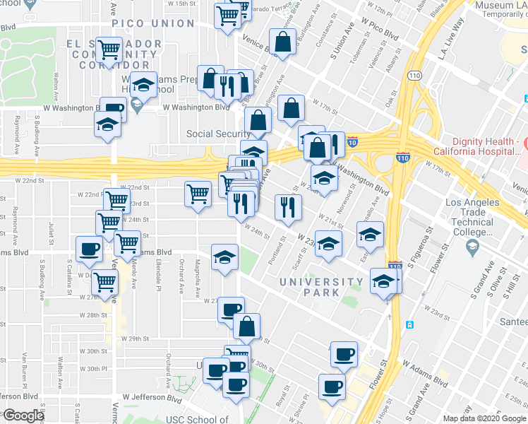 map of restaurants, bars, coffee shops, grocery stores, and more near 1027 West 23rd Street in Los Angeles