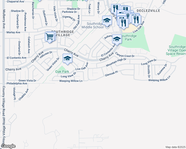 map of restaurants, bars, coffee shops, grocery stores, and more near 14241 Elizabeth Court in Fontana