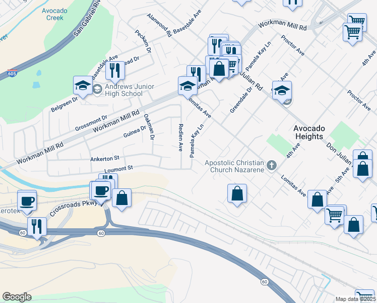 map of restaurants, bars, coffee shops, grocery stores, and more near 807 Pamela Kay Lane in Whittier