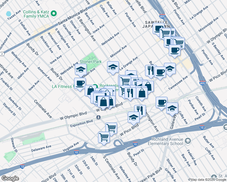 map of restaurants, bars, coffee shops, grocery stores, and more near 11751 Mississippi Avenue in Los Angeles