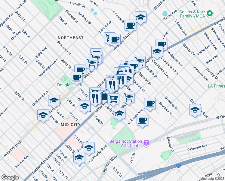 map of restaurants, bars, coffee shops, grocery stores, and more near 2715 Santa Monica Boulevard in Santa Monica