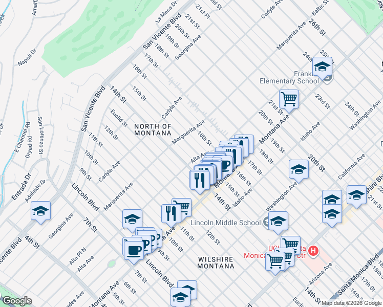 map of restaurants, bars, coffee shops, grocery stores, and more near 548 15th Street in Santa Monica