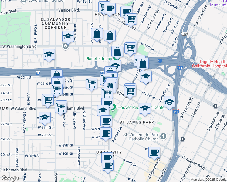 map of restaurants, bars, coffee shops, grocery stores, and more near 2313 Hoover Street in Los Angeles