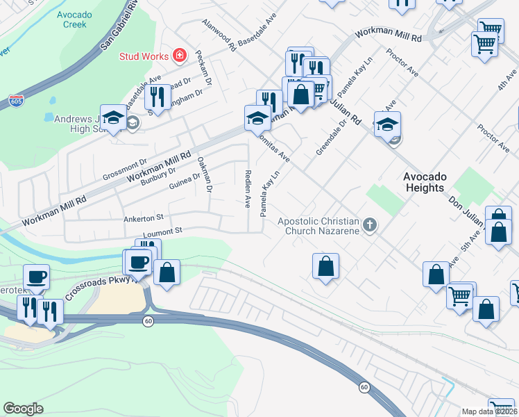 map of restaurants, bars, coffee shops, grocery stores, and more near 807 Pamela Kay Lane in Whittier