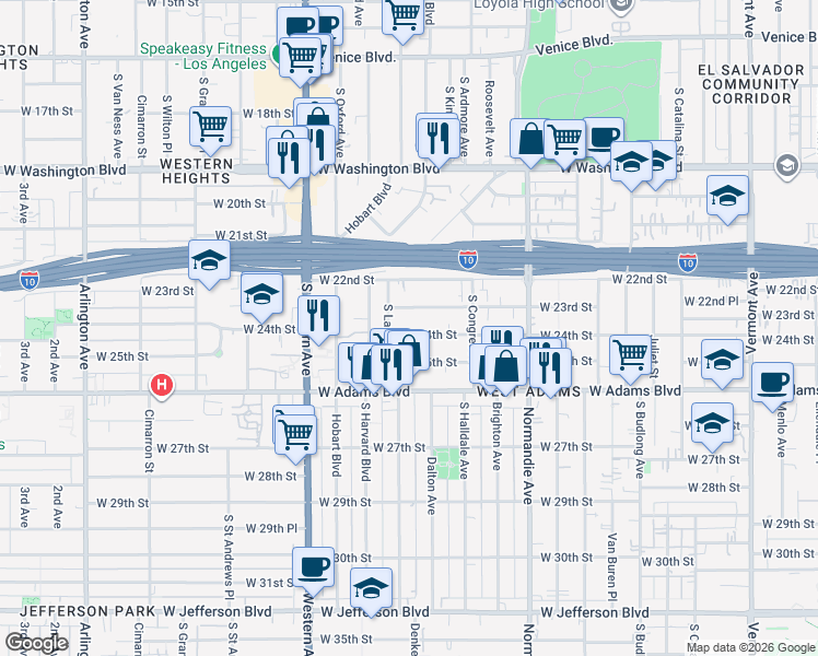 map of restaurants, bars, coffee shops, grocery stores, and more near 1958 West 23rd Street in Los Angeles