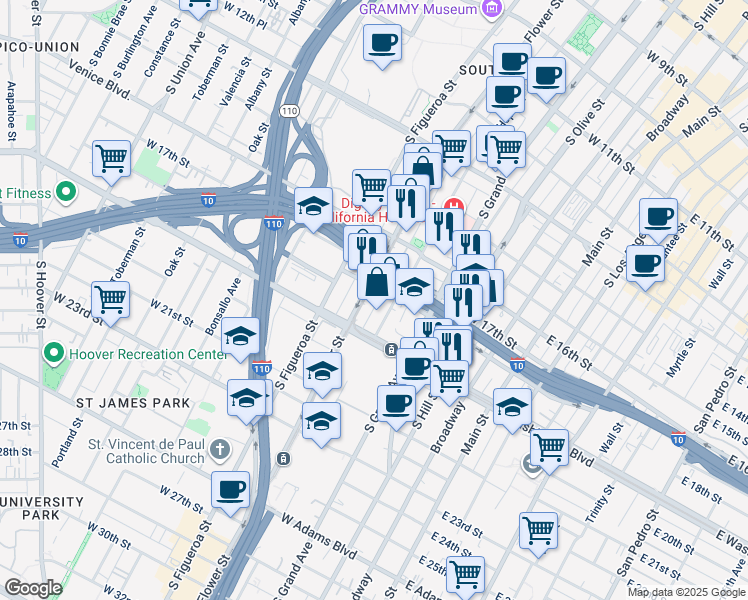 map of restaurants, bars, coffee shops, grocery stores, and more near 1801 South Hope Street in Los Angeles