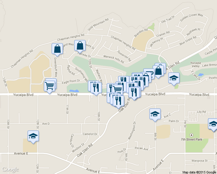 map of restaurants, bars, coffee shops, grocery stores, and more near 33345 Wallace Way in Yucaipa