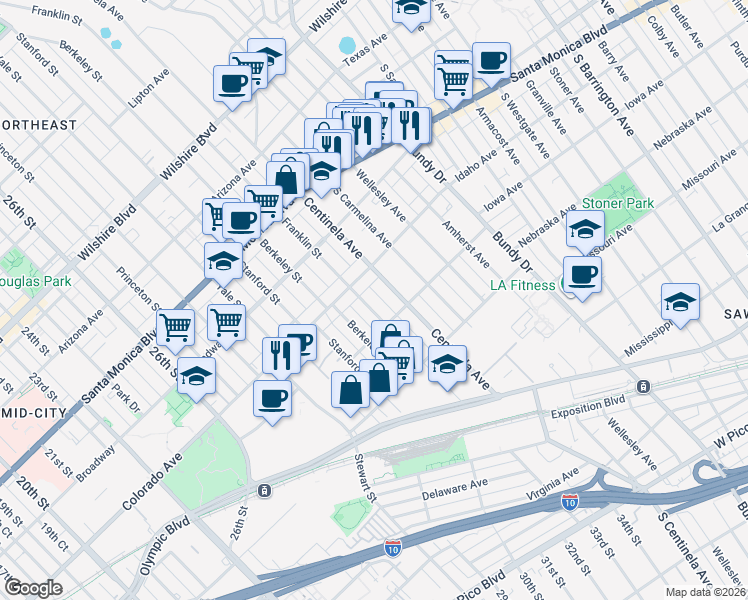 map of restaurants, bars, coffee shops, grocery stores, and more near 1629 Franklin Street in Santa Monica