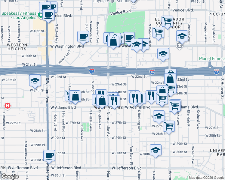 map of restaurants, bars, coffee shops, grocery stores, and more near 1677 West 24th Street in Los Angeles