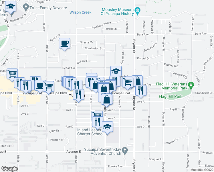 map of restaurants, bars, coffee shops, grocery stores, and more near 12049 California Street in Yucaipa