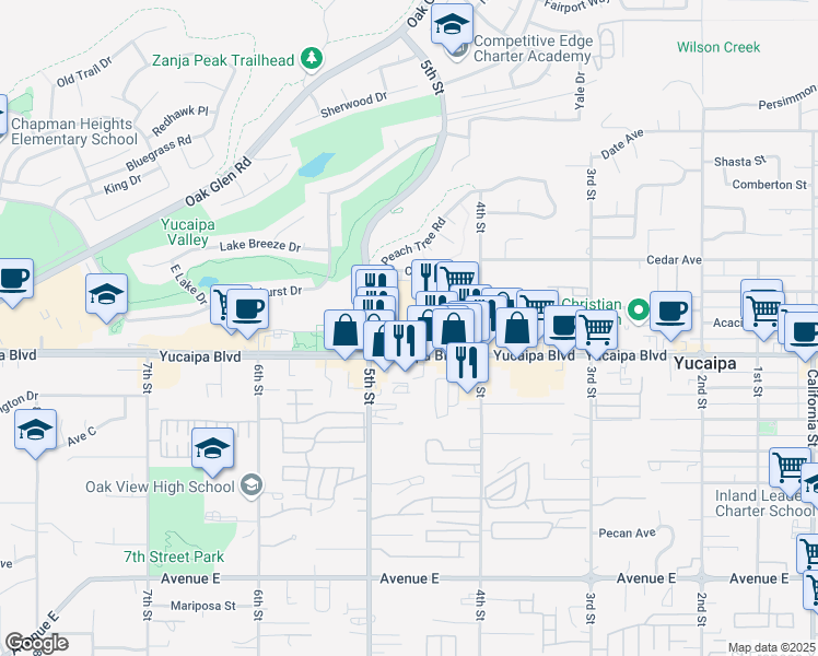 map of restaurants, bars, coffee shops, grocery stores, and more near 34460 Yucaipa Boulevard in Yucaipa