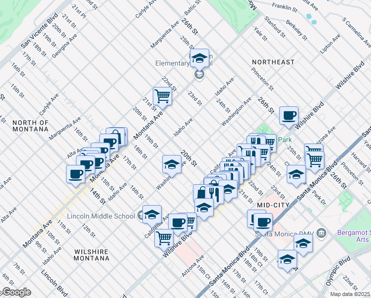 map of restaurants, bars, coffee shops, grocery stores, and more near 936 21st Street in Santa Monica