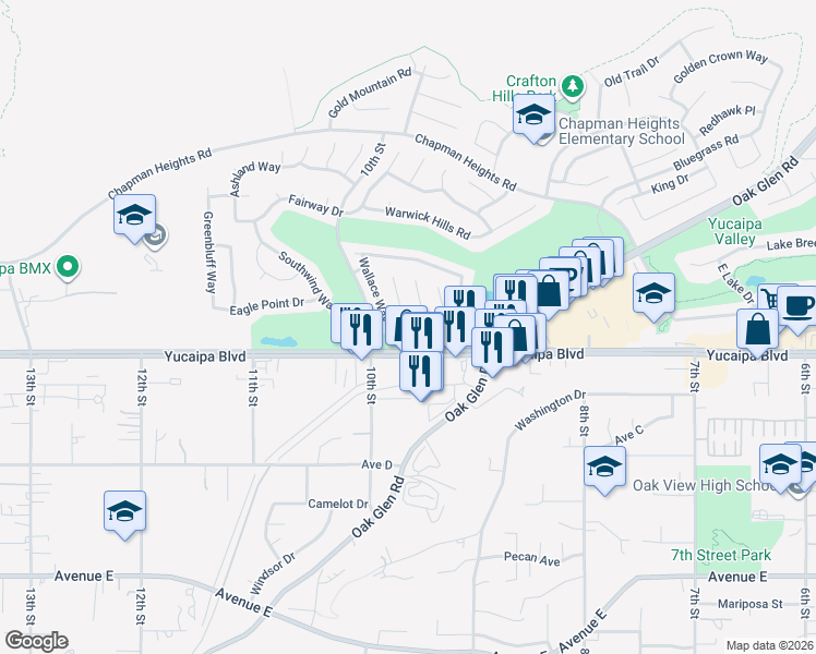 map of restaurants, bars, coffee shops, grocery stores, and more near 33345 Wallace Way in Yucaipa