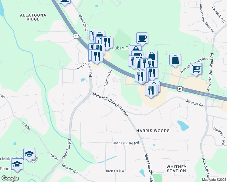 map of restaurants, bars, coffee shops, grocery stores, and more near 4748 Rose Arbor Drive in Acworth